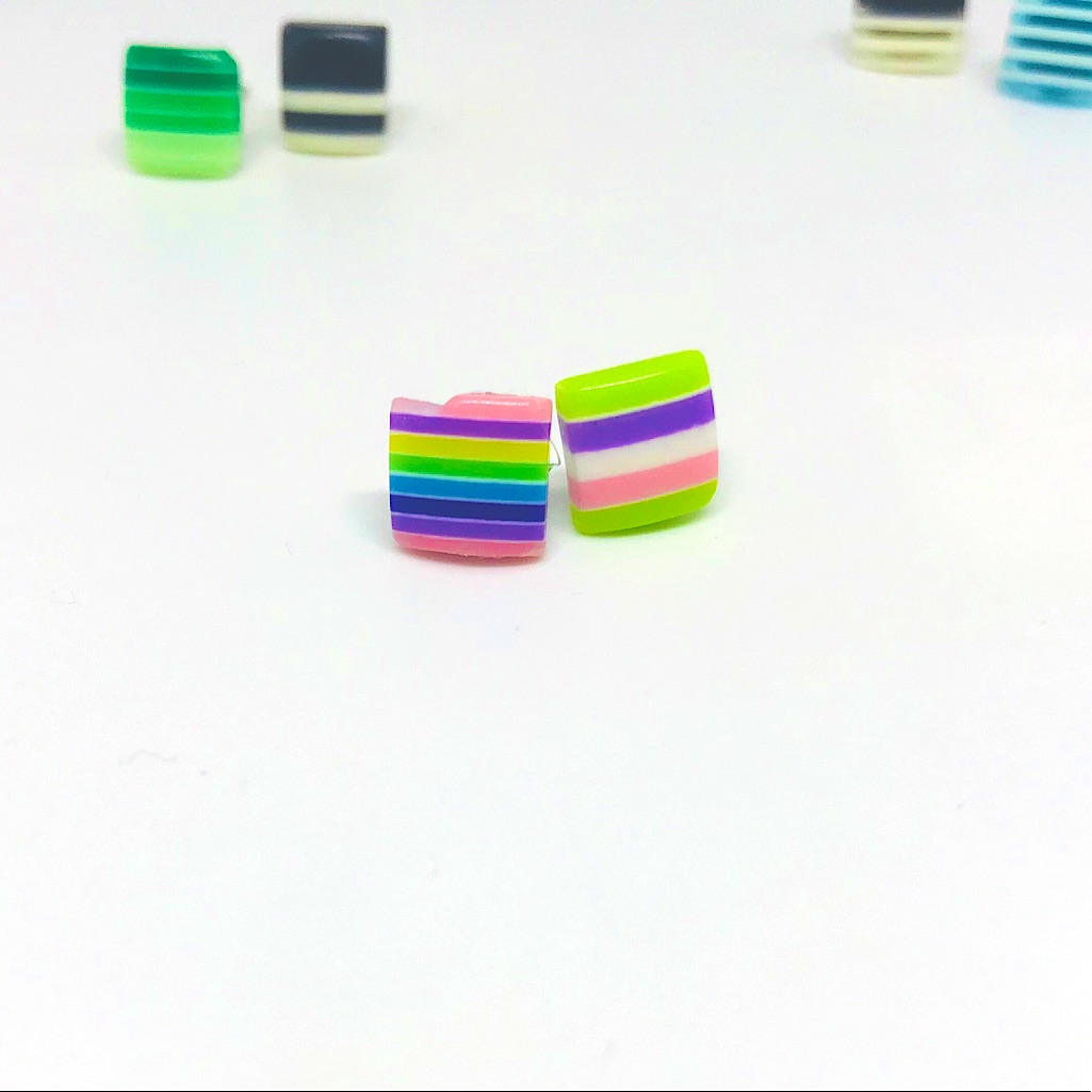 Pink Mixed Multi Color Minimalist Repurposed Vintage Striped Bead Stud Earrin 25$